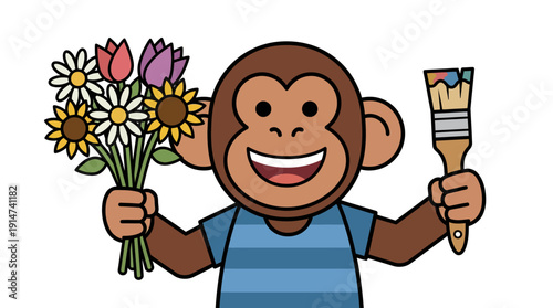 Happy Monkey Character Holding Flowers Paintbrush d flat vector isolated white background
