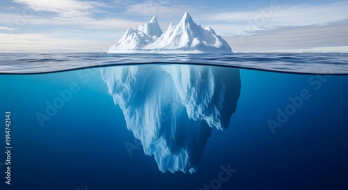 Majestic iceberg floating in the vast blue ocean with a clear view beneath the water
