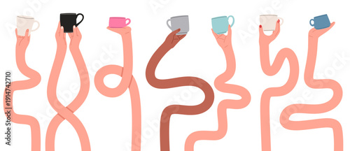 Creative flat vector illustration featuring elongated, wavy arms holding colorful coffee cups in various poses. Perfect for café branding, abstract lifestyle, poster, beverage campaigns, social media