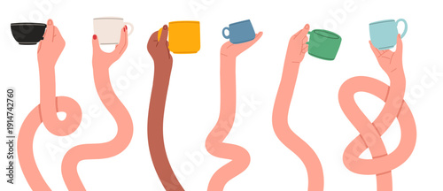 Creative flat vector illustration featuring elongated, wavy arms holding colorful coffee cups in various poses. Perfect for café branding, abstract lifestyle, poster, beverage campaigns, social media