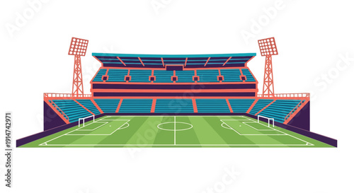 Illustration of a vibrant soccer stadium with empty seating and a green field