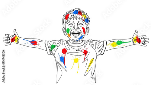 High-quality black continuous line art of a smiling child with open arms covered in color splashes, innocence and celebration theme