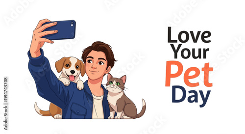 A woman takes a selfie with her dog and cat on Love Your Pet Day, celebrating companionship and affection.