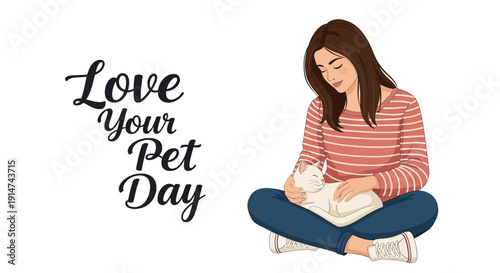 Woman sitting with white cat on Love Your Pet Day, celebrating companionship and affection between a girl and her furry friend.
