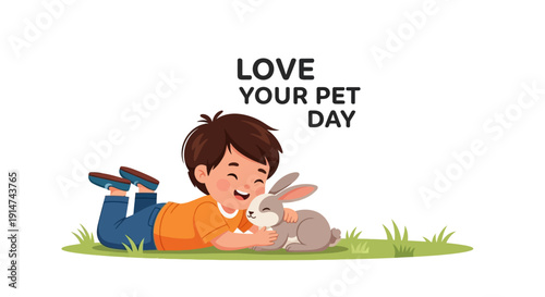 A young boy lies on grass with a rabbit on Love Your Pet Day, showing affection and companionship.