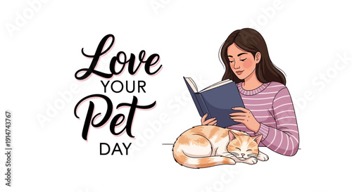 Woman reads a book with a cat on Love Your Pet Day, symbolizing companionship and affection between a girl and her furry friend.