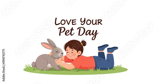 A girl lies on grass kissing a rabbit on Love Your Pet Day, celebrating companionship and affection between a child and their furry friend.