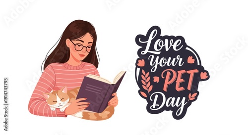 Woman reads a book with her cat on Love Your Pet Day, celebrating companionship and affection between humans and animals.