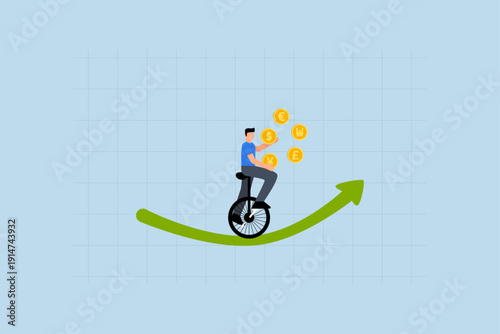 Forex, Businessman skilled at managing various types of money such as currency coins, including dollar, euro, pound, yen, and won in Korea
