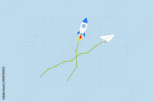 Investment growth sky rocket, Graph and chart showing investment with significant growth resembling a soaring airplane, exceeding the normal rate