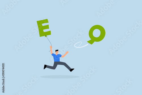 QE tapering FED,  Frantic businessman rushes to grab deflating balloon adorned with letters Q and E