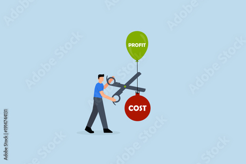 Cost reduction, Businessman cutting high expenses with scissors to allow profits to increase