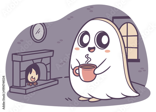 Cute Ghost by Fireplace Illustration, Cozy Winter Kawaii Character