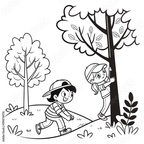 Kids Playing Hide and Seek coloring page black and white