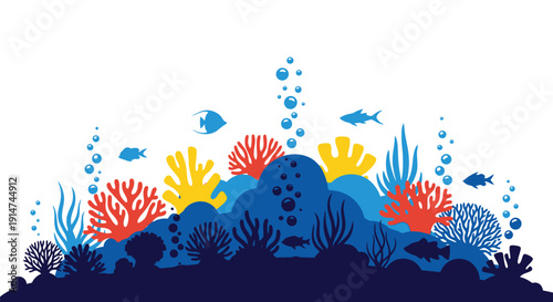 Stylized underwater scene depicting colorful coral and various fish