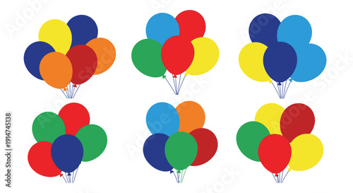 Colorful balloon arrangements clustered together on a white background