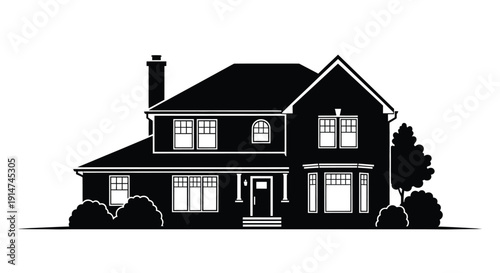 Black and white silhouette of a classic two story suburban house