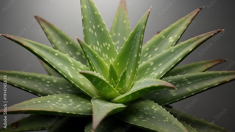 Fototapeta premium Aloe Vera Plant with White Spots on Dark Background succulent green
