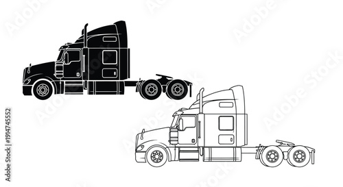 Black and white outline of two semi trucks in differing perspectives