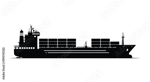 A black silhouette depicting a large container ship at sea