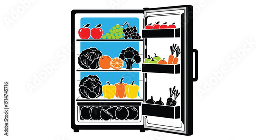 A partially open refrigerator filled with colorful fruits and vegetables