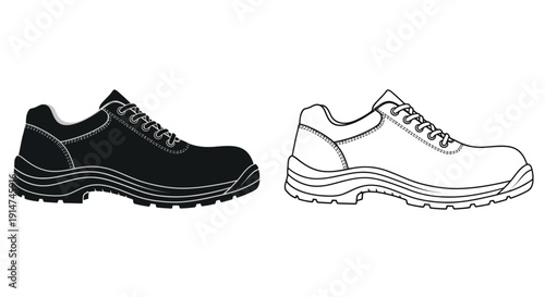 Two depictions of a work boot one black one white outline