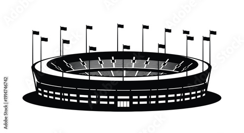 Black and white illustration of a large oval stadium with flags