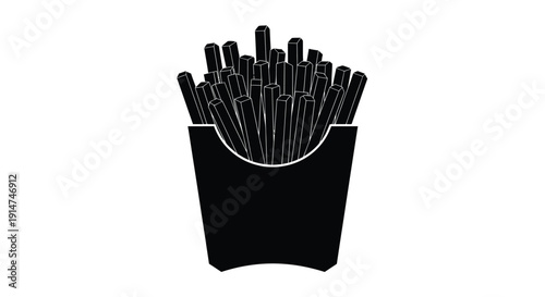 A black and white illustration of french fries in a paper container
