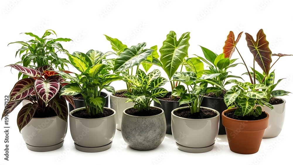 Fototapeta premium Assortment of Potted Indoor Plants with Varied Foliage and Pots on a White Background potted plants