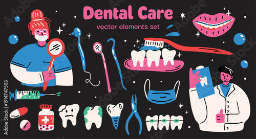 Dental care themed vector sticker elements set. Collection of cute funky illustration of dentist cartoon characters, oral hygiene, healthcare, medical clinic, instruments, cleaning tools and braces