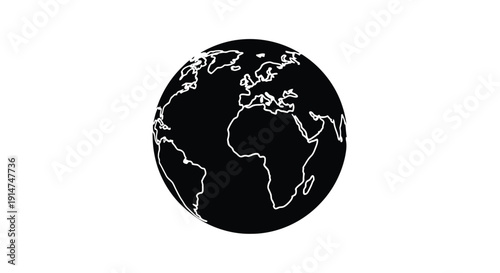 A stylized black and white illustration of planet earth with visible continents