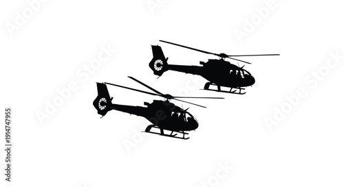 Two black silhouette helicopters flying against a plain white background