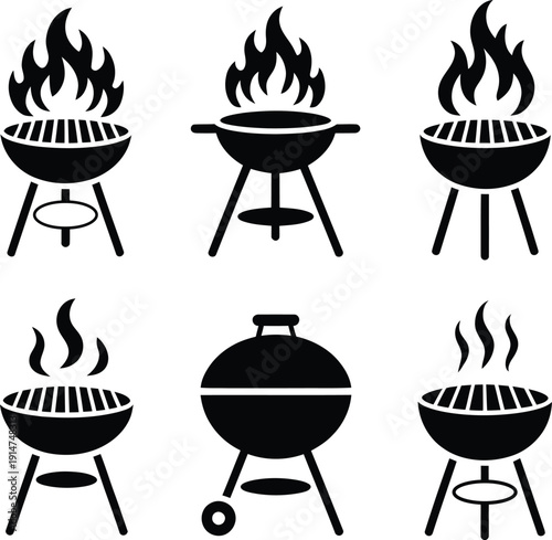A collection of six barbecue grill icons in black and white