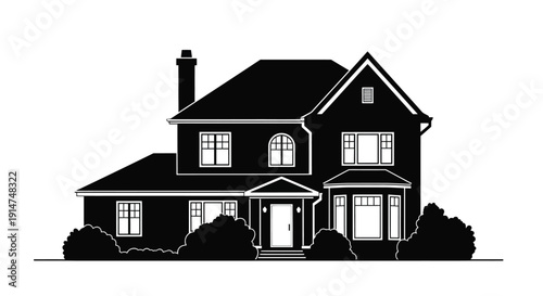 A simple black and white illustration of a classic two story house