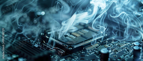 An intricate computer chip on a circuit board is engulfed by wisps of ethereal smoke, symbolizing cutting-edge technology and a powerful electronics failure