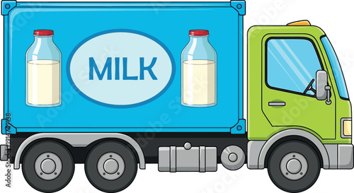 Milk Delivery Truck Cartoon: Dairy Transport Vehicle, Food Logistics and Farm Product 