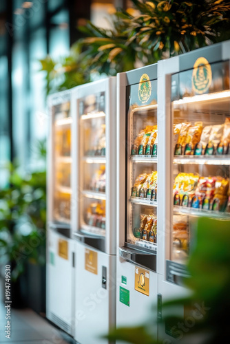 Three modern vending machines filled with various snacks and drinks stand in a bright interior with green plants