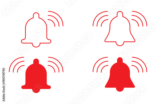 Notification bell icon set showing alert, reminder, ringing, and new message status symbols for apps, websites, and user interface design isolated on white background