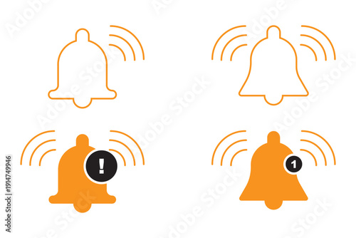 Notification bell icon set showing alert, reminder, ringing, and new message status symbols for apps, websites, and user interface design isolated on white background