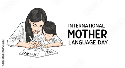 A woman and child celebrate International Mother Language Day with a book and pencil, symbolizing linguistic diversity and preservation.