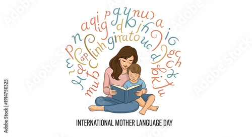 Vector illustration of a woman and child celebrating International Mother Language Day with linguistic diversity and multilingualism.