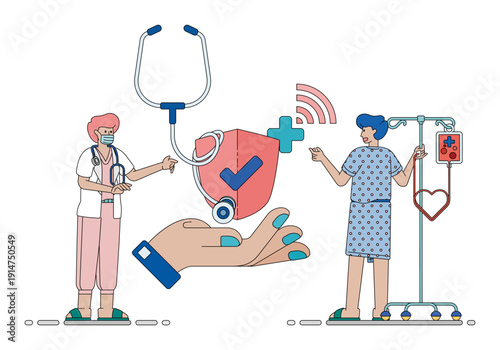 Vector illustration of Doctor And Patient Discussing Safe Health Insurance Coverage And Protection Plans. Can be used for company websites, Hospital websites, campaigns, brochures, marketing, poster a