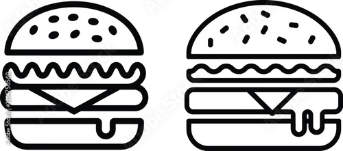 Two simple line drawings of hamburgers with different toppings