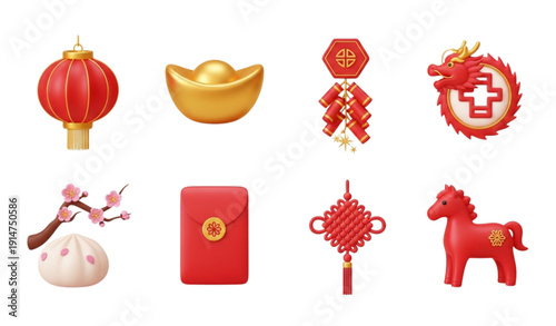 Modern 3D Chinese Lunar New Year Icons Collection EPS 10 Vector
