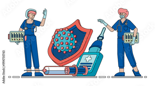 Vector illustration of Healthcare Workers Protect Hospital Environment From Virus And Endemic Disease. Can be used for company websites, Hospital websites, campaigns, brochures, marketing, poster ads