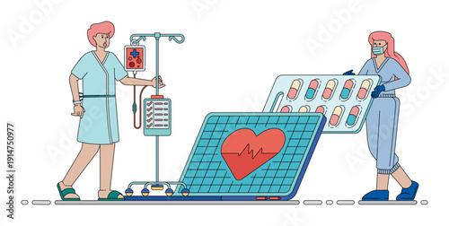 Vector illustration of Heart Health Check Examination For Accurate Prescription And Recovery Care. Can be used for company websites, Hospital websites, campaigns, brochures, marketing, poster ads
