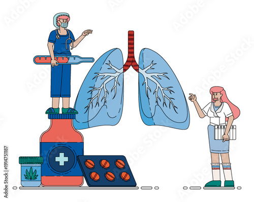 Vector illustration of Pulmonologist Treating Lung And Respiratory Disease With Medical Therapy. Can be used for company websites, Hospital websites, campaigns, brochures, marketing, poster ads