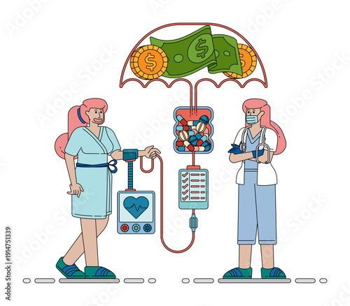 Vector illustration of Doctor And Patient Discuss Treatment Under Money Umbrella Insurance Protection. Can be used for company websites, Hospital websites, campaigns, brochures, marketing, poster ads
