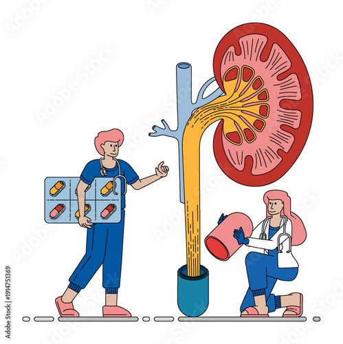 Vector illustration of Medical Team Providing Kidney Disease Treatment And Therapy With Medication. Can be used for company websites, Hospital websites, campaigns, brochures, marketing, poster ads