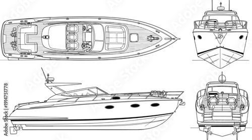 Luxury motor yacht technical drawing with top view, side profile, front view, and rear view, detailed marine engineering boat illustration.